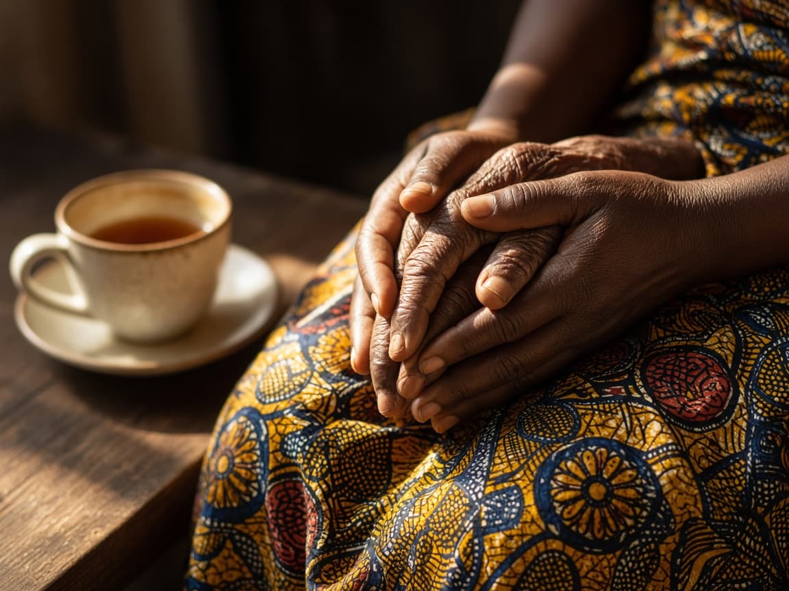 A nurse holding an older woman's hands at home